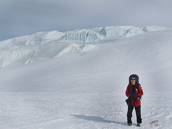 Olga Sergienko, an associate research scientist in the GFDL/Princeton University's Program in Atmospheric and Oceanic Sciences, shown during a research expedition to the McMurdo Ice Shelf in Antarctica in winter 2006. 