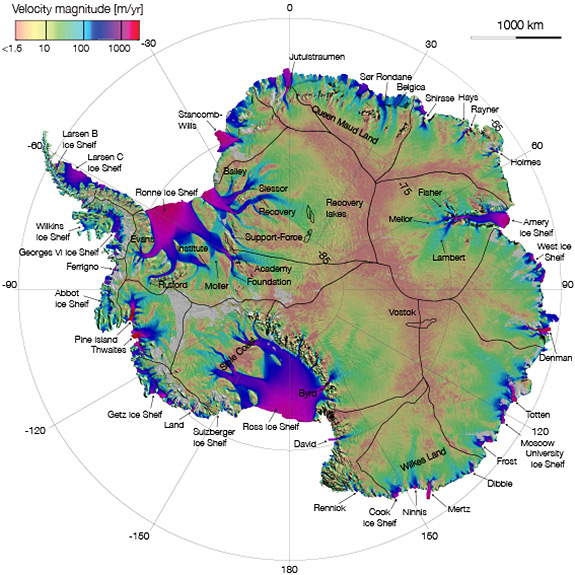This map shows the Pine Island and Thwaites Glaciers, at far left, in West Antarctica. (Image courtesy of NASA) 