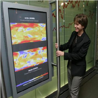 [Koshland sliding screen of climate model animations. photo credit: Bowman Design Group]