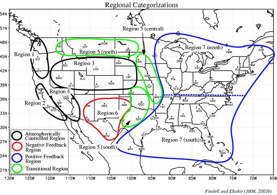 Representative regions within the continental US, based on CTP-HIlow scatter plots from radiosonde stations with at least 10 years of data between 1957 and 1998.