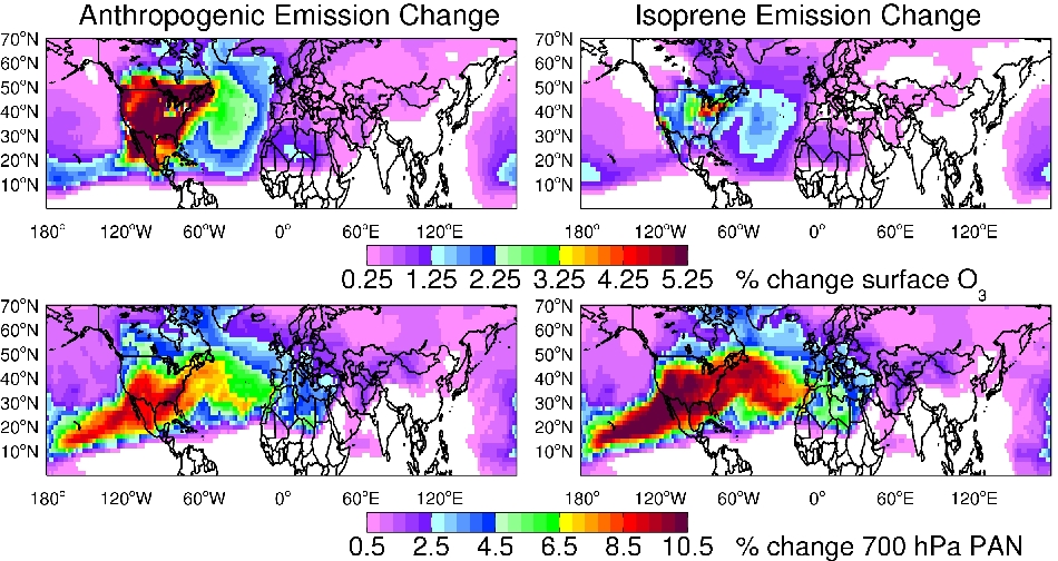 Percentage decrease (left) and increase (right) in surface O3 (top), PAN at 700 hPa (bottom), resulting from 20% decreases in NA anthropogenic O3 precursor emissions (left) and 20% increases in biogenic isoprene emissions (right) in the MOZART-2 model during August of 2001. Note the bottom color scale is doubled. Areas in white fall below the minimum value shown. Over intercontinental distances, in summer and fall, the NA isoprene influence on ozone in surface air over Europe and North Africa (EU region) is at least half of that from NA anthropogenic emissions (compare top left and right panels). Future increases in NA isoprene emissions could thus offset decreases in EU surface O3 resulting from controls on NA anthropogenic emissions.