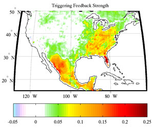 Figure 1: Triggering Feedback Strength (units of probability of afternoon rain): a measure of the sensitivity of afternoon rainfall frequency to changes in evaporation.