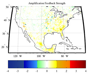 Figure 2: Amplification Feedback Strength (units of mm of afternoon rain): a measure of the sensitivity of afternoon rainfall intensity to changes in evaporation.