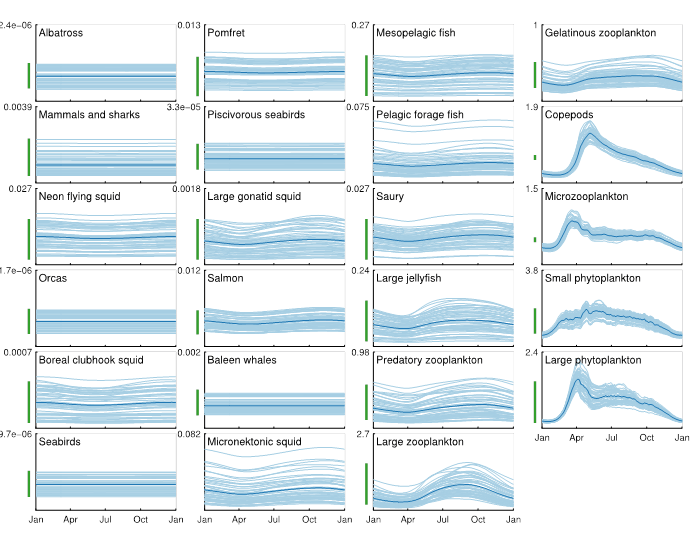Fig. 2: Vertically-integrated biomass, in g C m-2, for all living functional groups in the model over the final year of a 20 year simulation. The green bars to the left of each axis correspond to the yearly-mean observed biomass ranges.