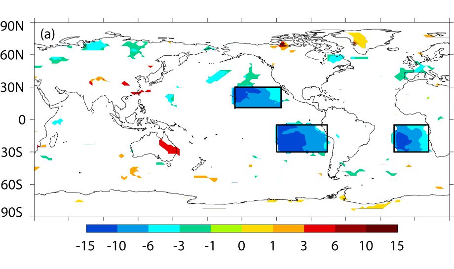 The radiative flux perturbation,in Watts per square meter. The three black boxes indicate the three regions where clouds were modified. The strong negative values within them indicate that much more solar radiation is now being reflected away to space.