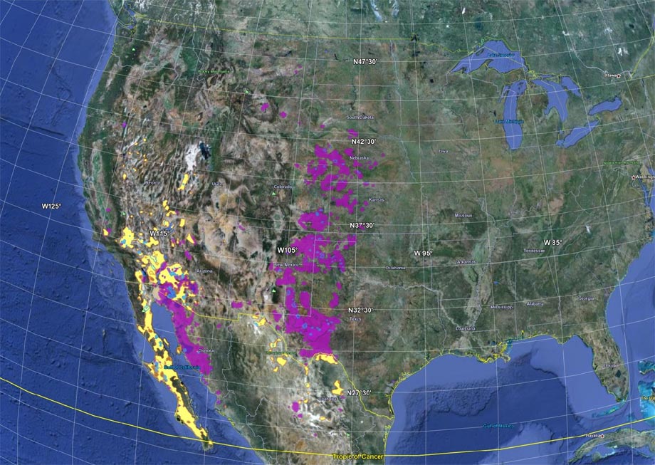 GoogleEarth view of the most frequent anthropogenic (magenta shading) and natural (yellow shading) dust sources over North America detected from MODIS Deep Blue aerosol products between 2003 and 2009. The sources associated with ephemeral lakes or rivers are shaded in blue. 