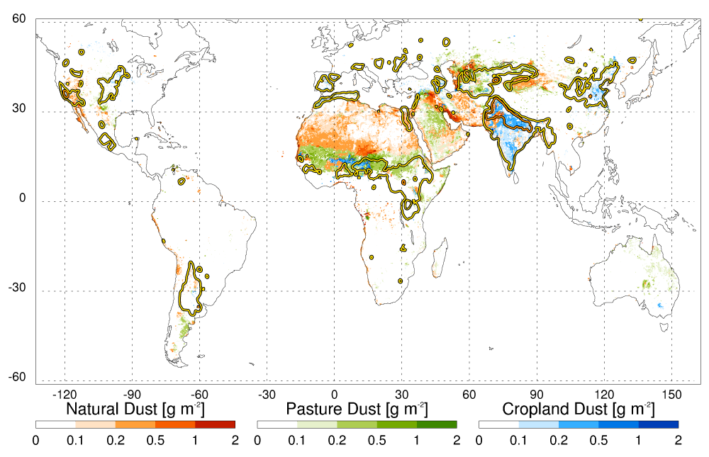 Annual distribution of dust over croplands (blue), pastures (green), and other sources (red); and ammonia hot spots (NH3) (yellow contours). 