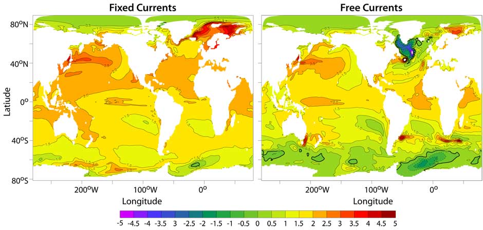 Sea surface temperature change without (left) and with (right) ocean circulation changes.