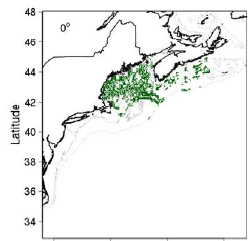 Fig. 2: Present area of favorable cusk habitat. Green dots indicate areas where the statistical niche model predicts a net positive effect on cusk occurrence (i.e., favorable cusk habitat. 