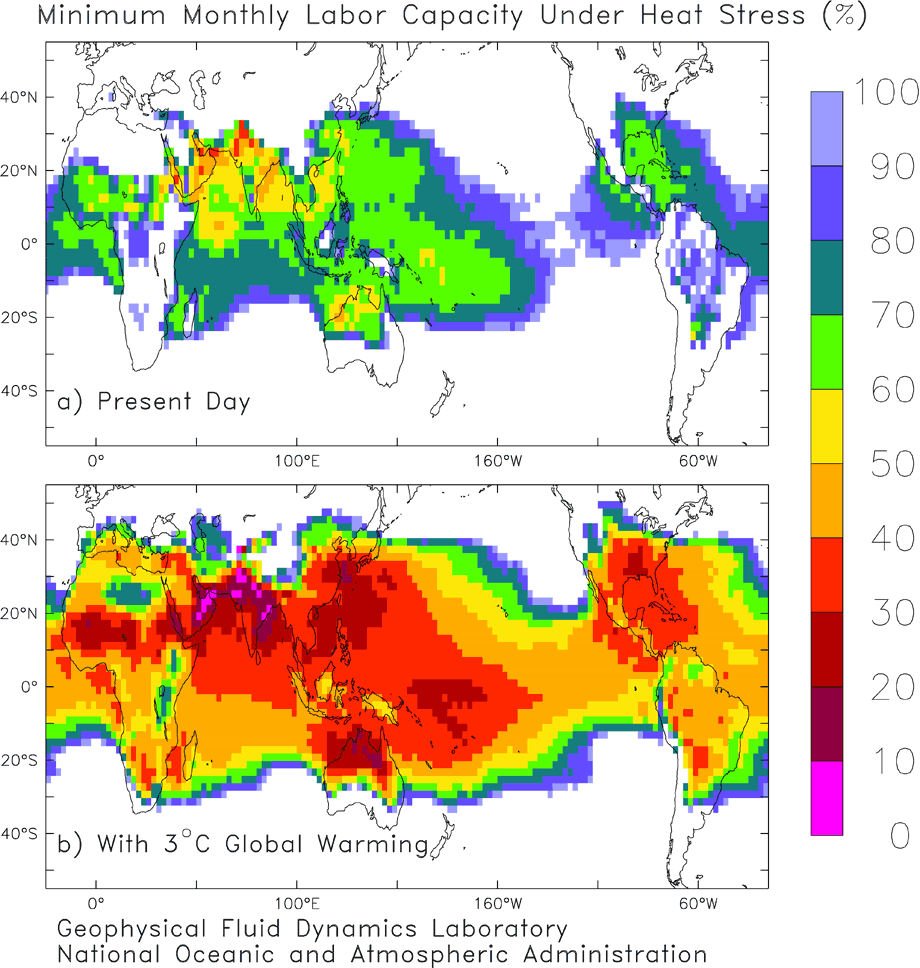 Top panel: Minimum monthly labor capacity (%) over the previous decade (2001-2010) from the NCEP climate reanalysis. Bottom panel: Minimum monthly labor capacity (%) in GFDL-ESM2M for 2091-2100 under the highest RCP emissions scenario which gives a global temperature anomaly of 3.4C relative to a 1861-1960 control period. 