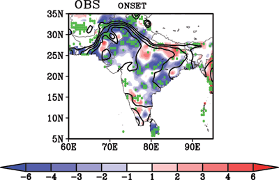 Figure 2: From observations: The 1951-1999 trend in monsoon onset expressed as number of 5-day intervals (pentads) is shown in shaded areas, and the pentad of monsoon onset, 1951-1970 average, is shown in black contours,. Positive values denote later onset and negative values denote earlier onset. The green dots mark the grid points for which the trend exceeds the 95% confidence level. 