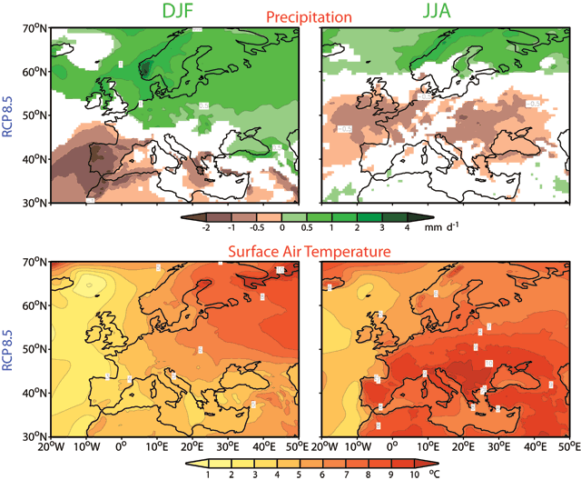Projected trends of precipitation (upper panels) and surface air temperature (lower panels) for the winter (left panels) and summer (right panels) seasons. Results are based on simulations with the GFDL high-resolution atmospheric model (HiRAM) for the historical (1979-2008) period, and for the 2086-2095 period under the RCP8.5 climate scenario. 