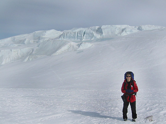Olga Sergienko, an associate research scientist in the GFDL/Princeton University's Program in Atmospheric and Oceanic Sciences, shown during a research expedition to the McMurdo Ice Shelf in Antarctica in winter 2006.