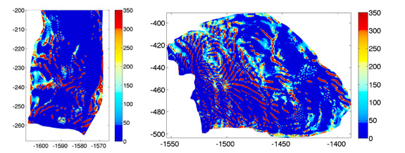 Mathematical modeling and data from satellites and ground-penetrating radar were used to infer the existence of ribs (in red) indicating areas of high friction between the glacier and the underlying bedrock. These high-friction ribs slow the movement of ice toward the sea. The image on the left is the Pine Island Glacier and the image on the right is the Thwaites Glacier, both in West Antarctica.