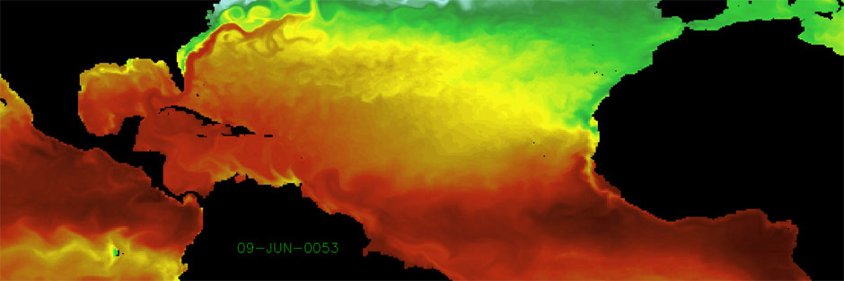 Atlantic sea surface temperature simulated by GFDL's new high-resolution coupled climate model, CM2.5. Click for MPEG or Flash animation. (Image by Keith Dixon (NOAA/GFDL))