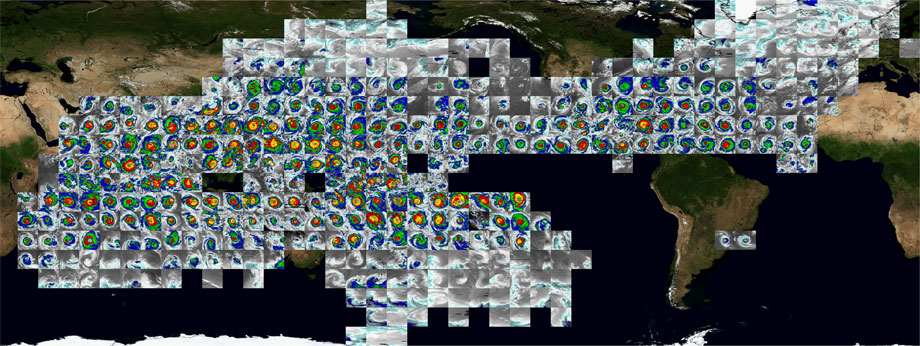 Global montage of satellite images of tropical cyclones. Each image represents the strongest storm recorded in that area for the period 1980-2008. Images are from infrared satellites with colors indicating the intensity of the convection, which relates to storm intensity. Grays are weakest, blues-greens are stronger, and yellow-reds are strongest. The graphic shows the overall equator-to-poles distribution of tropical cyclone intensity. Image courtesy of Ken Knapp, NOAA. 