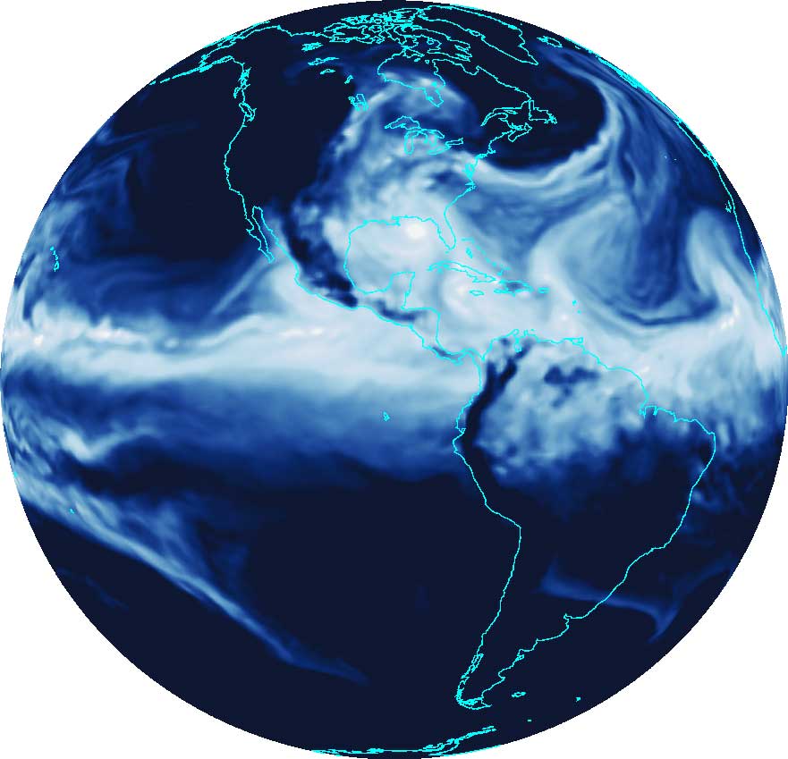 The simulation characteristics of the GFDL-FLOR prediction model can be seen in this snapshot of the model's total atmospheric water vapor from a simulation in which a hurricane is approaching the U.S. Gulf Coast. 