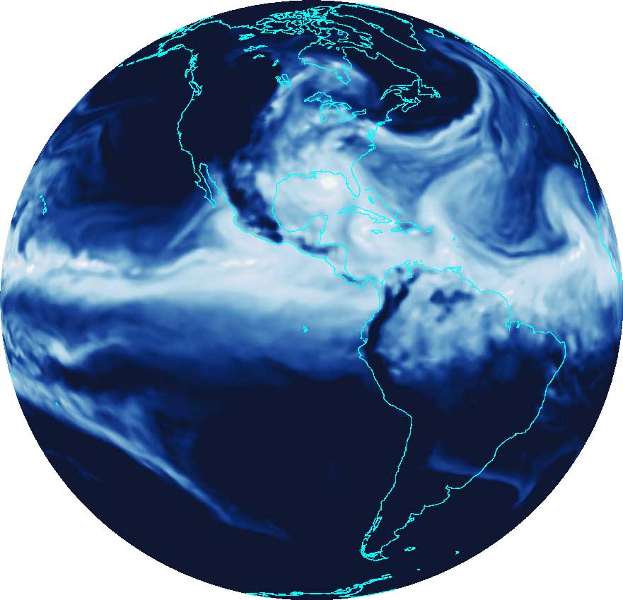 The simulation characteristics of the GFDL-FLOR prediction model can be seen in this snapshot of the model's total atmospheric water vapor from a simulation in which a hurricane is approaching the U.S. Gulf Coast.