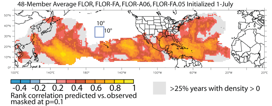Map showing in colored shading areas where FLOR has documented skill at predicting regional tropical cyclone activity over the season. (Adapted from Vecchi et al. 2014)