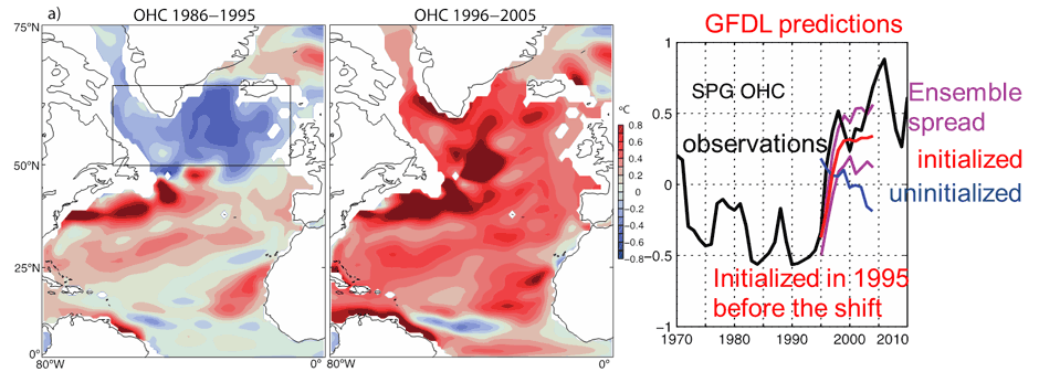 This abrupt event is successfully predicted by the ensemble GFDL CM2.1 predictions initialized in early 1995. Not captured by the forced uninitialized projections (Msadek et al. 2014).
