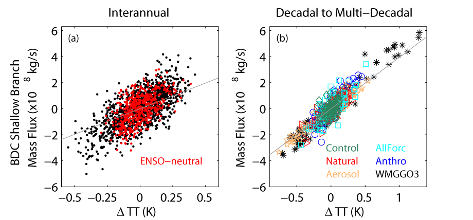 Scatter plot of the strength of the Brewer-Dobson circulation shallow branch versus the tropical-mean surface temperature in CM3. (a) For the interannual timescale in the control simulation. ENSO-neutral years are marked by red dots. (b) For the decadal to multi-decadal timescale in the control and historical forced simulations. Climatological means are removed. The gray line marks the result from the an idealized experiment in which SST is globally uniformly increased by 4K.