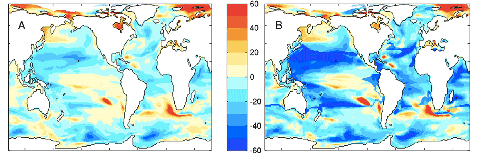 Figure 1: Projected percentage change in phytoplankton production (left) and maximum fisheries catch (right) for a high greenhouse gas emissions scenario (RCP8.5) between the latter half of the 20th century (1950-2000) and the latter half of the 21st century (2050-2100).