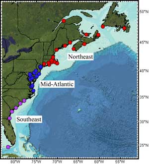 Figure 1: Three sea level rise regimes along the East Coast of North America. 