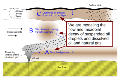 A schematic side view of a deep water oil leak