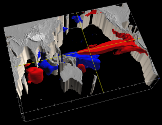 3-d image of simulated tropical ocean temperature anomalies.